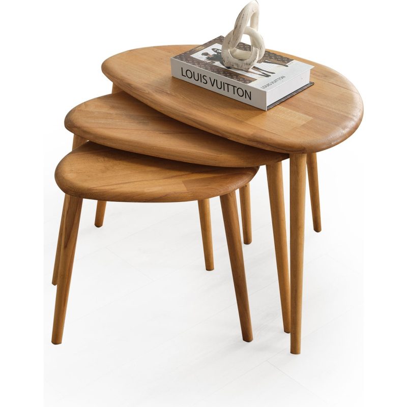 Faw Decor Doğal Ahşap Zigon Sehpa 3’lü Set, Modern Masif Yan Sehpa
