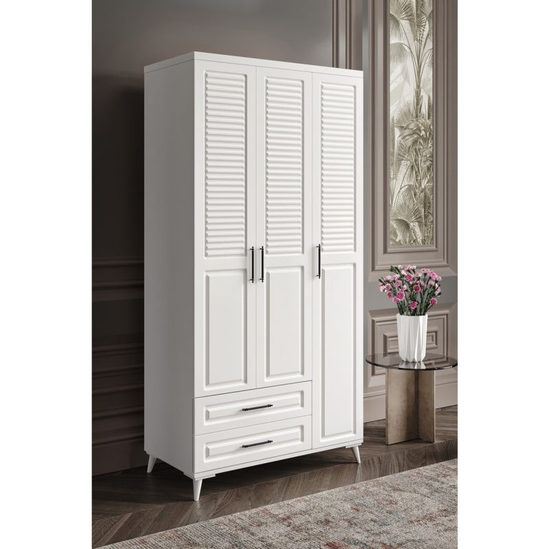 GuneyStore Ücretsiz Montaj – 100% MDF Sanat 3 Kapaklı Beyaz Gardırop – MDF Dolap – Elbise Dolabı