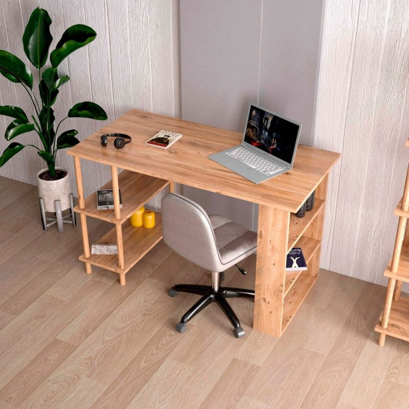 İntergo Çalışma Masası Bilgisayar Masası Ofis Ders Masası 4 Raflı Ahşap Ayaklı