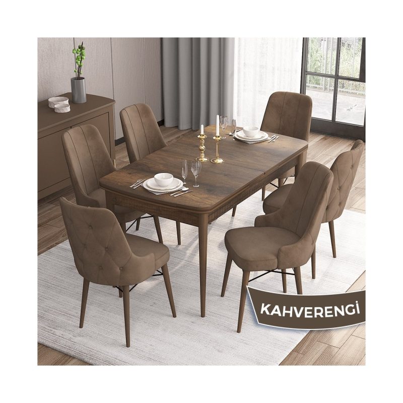 Iza Serisi 80 x 132 cm Açılabilir Mdf Masa Barok Ahşap Desen Mutfak Masa Takımı 6 Sandalye