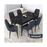 Kar Serisi 80 x 132 cm Açılabilir Mdf Mutfak Masa Takımı  Mermer Desen Masa 6 Sandalye
