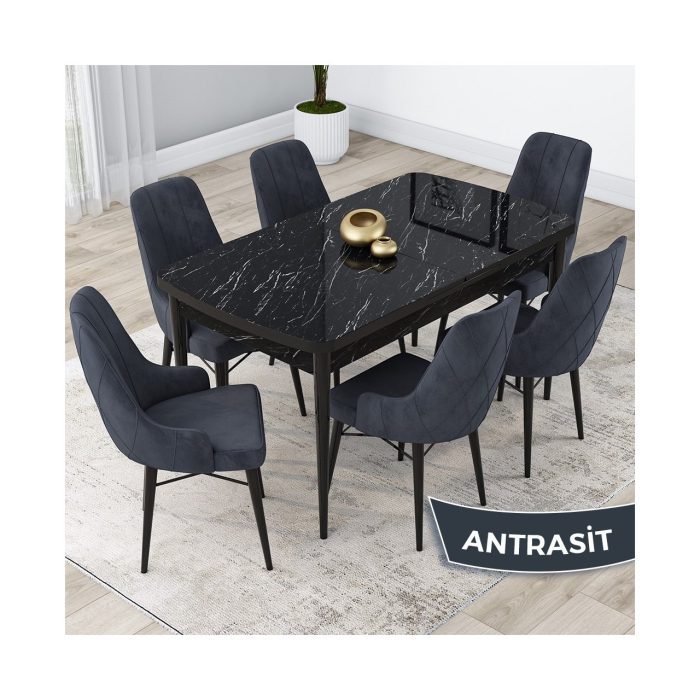 Kar Serisi 80 x 132 cm Açılabilir Mdf Mutfak Masa Takımı  Mermer Desen Masa 6 Sandalye