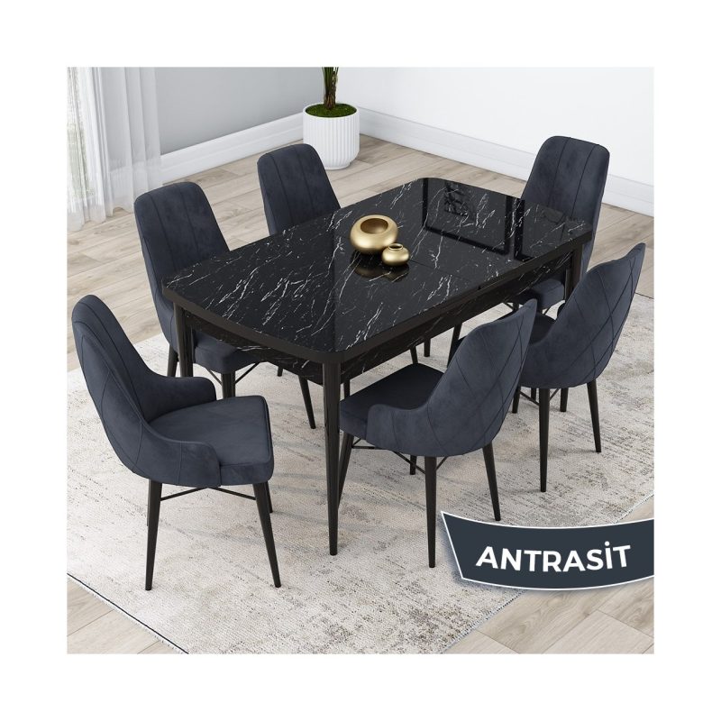 Kar Serisi 80 x 132 cm Açılabilir Mdf Mutfak Masa Takımı  Mermer Desen Masa 6 Sandalye