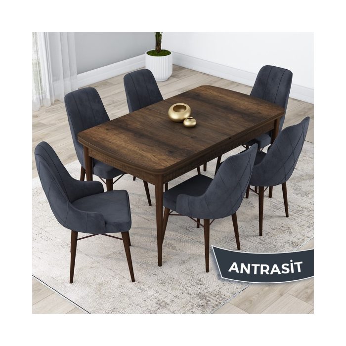 Kar Serisi  Açılabilir 80 x 132 cm Mdf Mutfak Masa Takımı Barok Ahşap Desen Masa 6 Sandalye