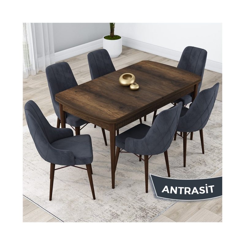 Kar Serisi  Açılabilir 80 x 132 cm Mdf Mutfak Masa Takımı Barok Ahşap Desen Masa 6 Sandalye