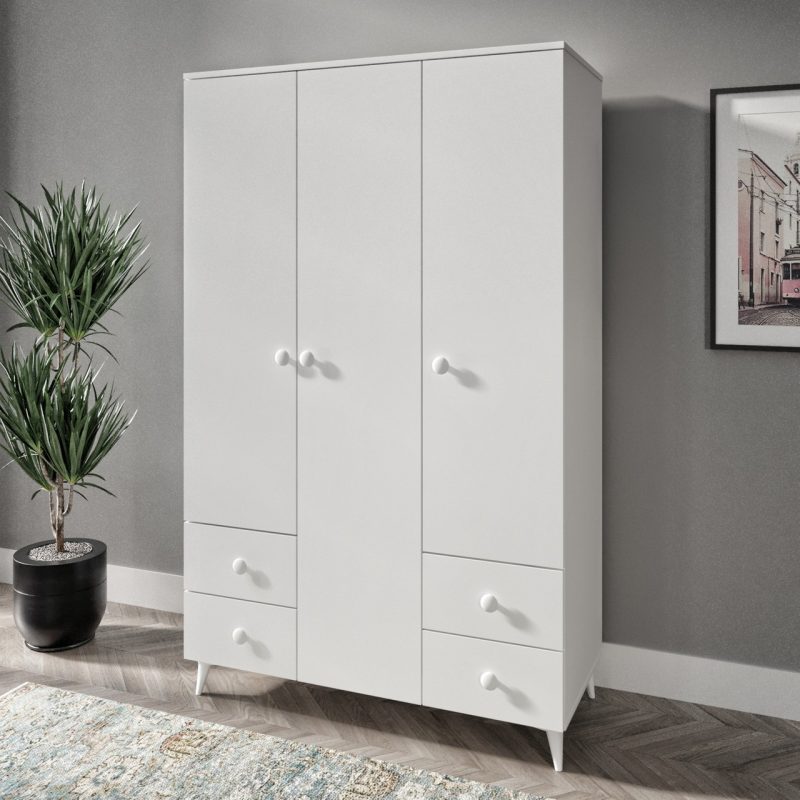 Kzn Home Nova 3 Kapaklı 4 Çekmeceli Beyaz Gardırop – Tamamı 1.  Mdf