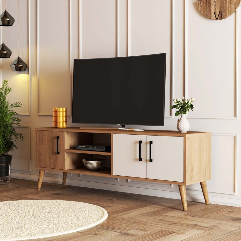 Mezza 1584 Exxen 150 cm Ahşap Ayaklı Tv Ünitesi Sepet-Beyaz