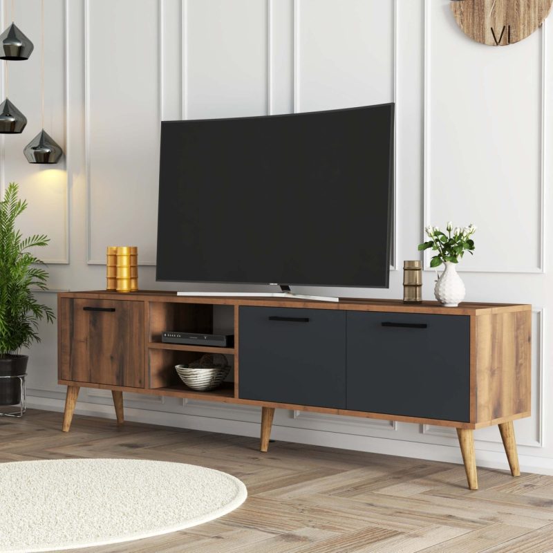 Mezza Exxen 180 cm Ahşap Ayaklı Tv Ünitesi Hat – Antrasit 1581