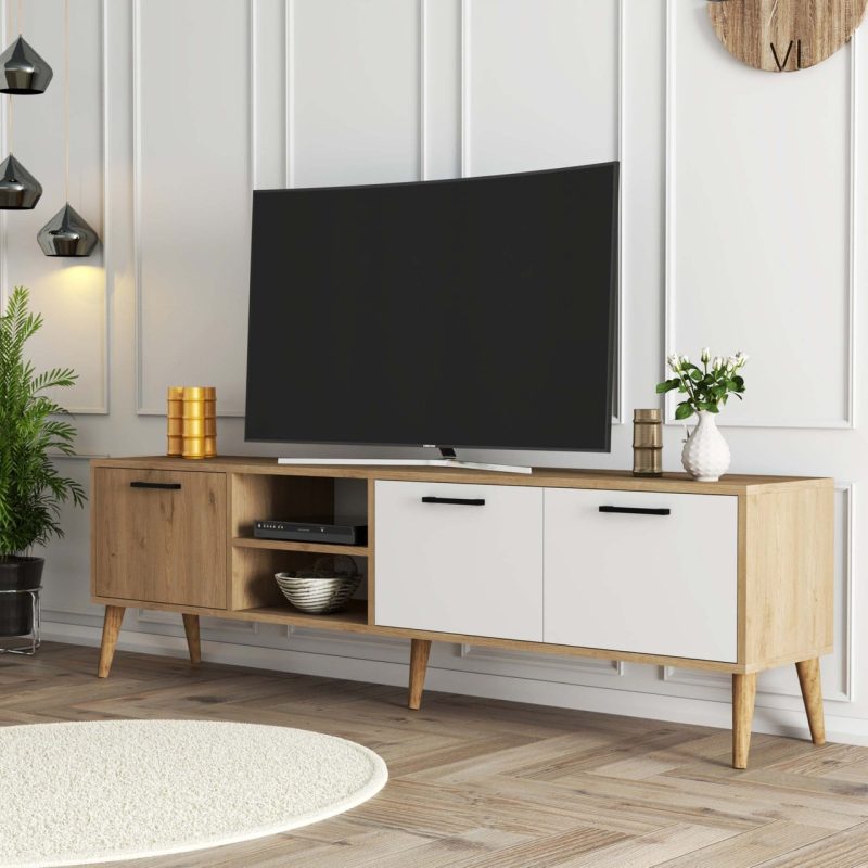 Mezza Exxen 180 cm Ahşap Ayaklı Tv Ünitesi Sepet Beyaz 1585