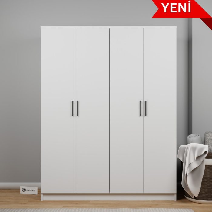 Midoser Kardelen Serisi 140  cm  Mat Beyaz 4 Kapılı 5 Raflı Elbise Dolabı