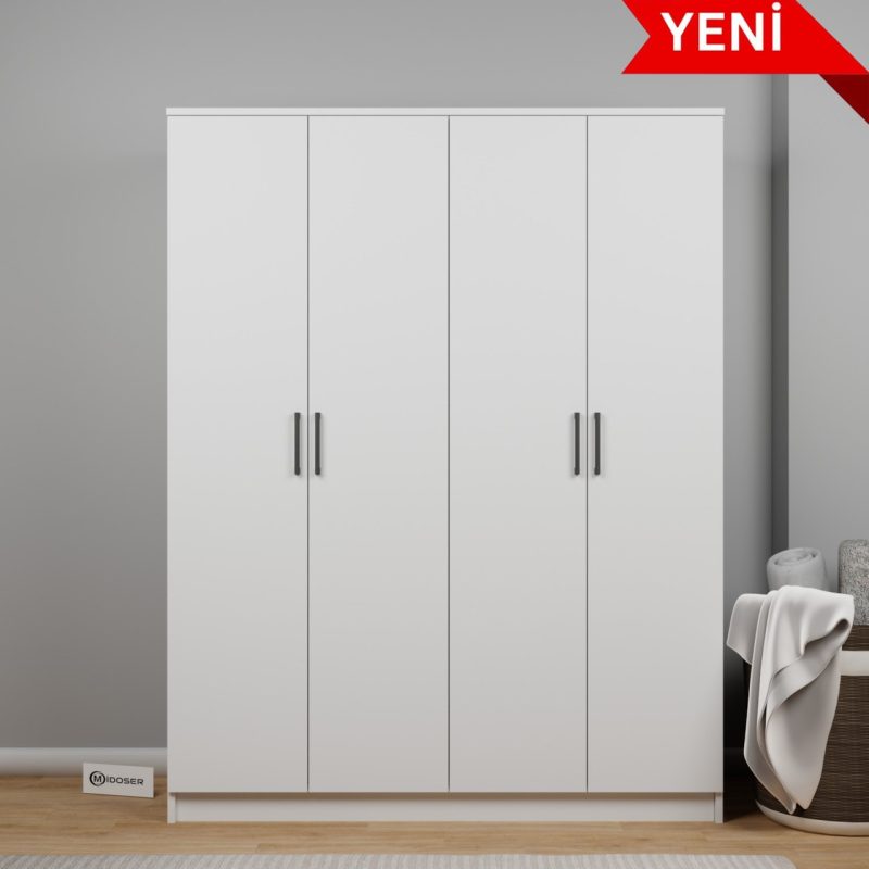 Midoser Kardelen Serisi 140  cm  Mat Beyaz 4 Kapılı 5 Raflı Elbise Dolabı