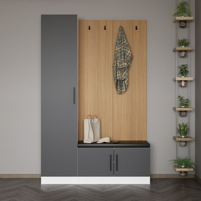 Minar Kale Dekor Panel 1 Kapaklı 1b Raf Portmanto + Ayakkabılık Minderli Beyaz Antrasit