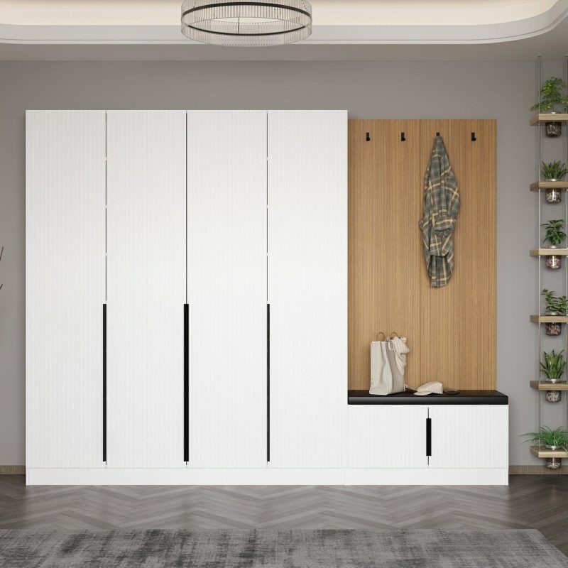 Minar Kale Dekor Panel 4 Kapaklı 2b Raf Portmanto + Ayakkabılık Minderli Beyaz Mebran Çizgili Beyaz