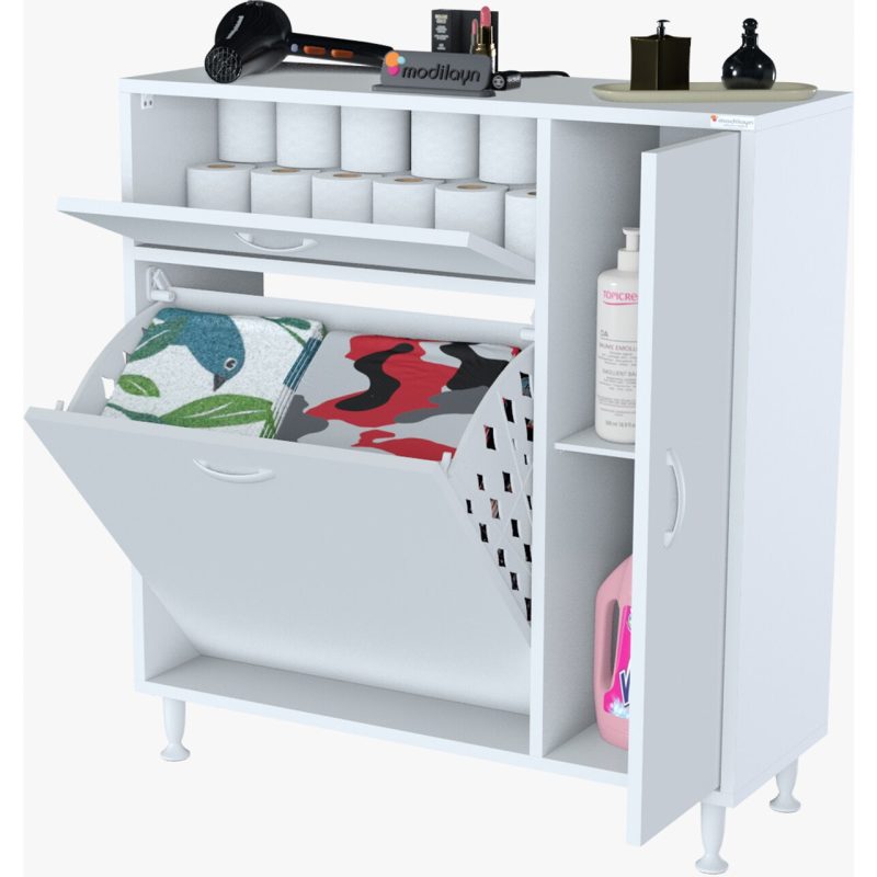 Modilayn Yenice Çok Amaçlı Banyo Dolabı 90  x  97.5  x  32  cm  Kirli Çamaşır Sepetli Dolap