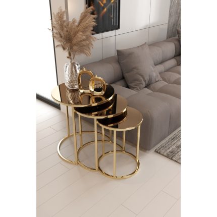 Nies Aksesuar 3’Lü Zigon Sehpa Gold Ayak Bronz Aynalı