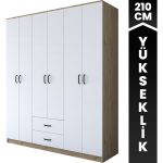 Rani BA113 Geniş Gardırop Elbise Dolabı 6 Kapaklı 2 Çekmeceli 6 Raflı 3 Askılı Sepet Ceviz – Beyaz