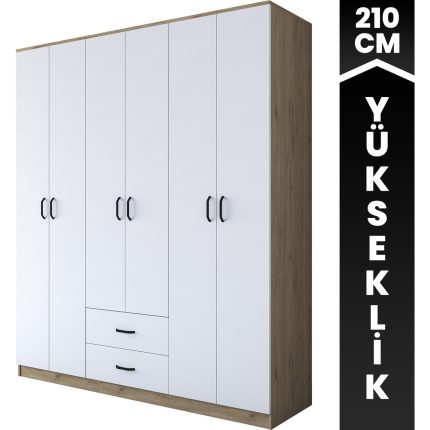 Rani BA113 Geniş Gardırop Elbise Dolabı 6 Kapaklı 2 Çekmeceli 6 Raflı 3 Askılı Sepet Ceviz – Beyaz
