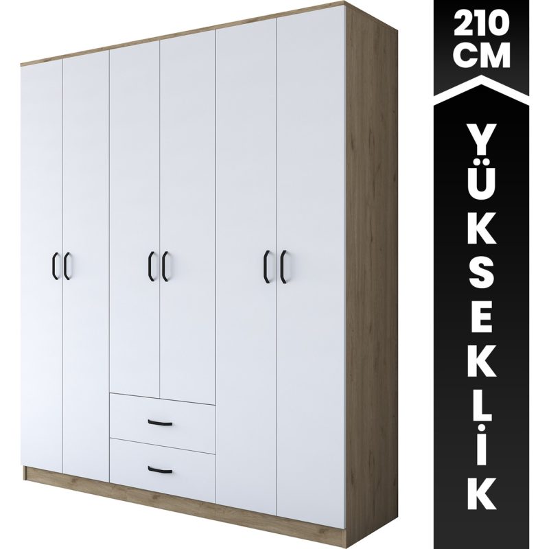 Rani BA113 Geniş Gardırop Elbise Dolabı 6 Kapaklı 2 Çekmeceli 6 Raflı 3 Askılı Sepet Ceviz – Beyaz