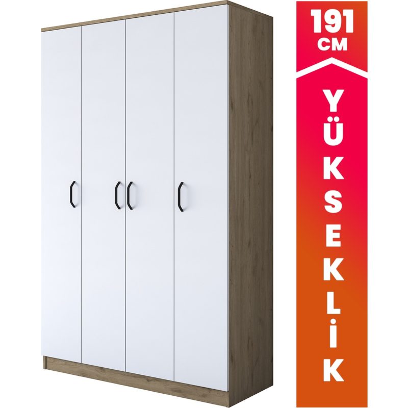 Rani BA116 Geniş Gardırop Elbise Dolabı 4 Kapaklı 14 Raflı 2 Askılı Sepet Ceviz – Beyaz