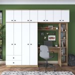 Rani BA122 Geniş Gardırop Açık Raflı Elbise Dolabı + Çalışma Masası + Kitaplık Sepet Ceviz – Beyaz 216 x 240 cm