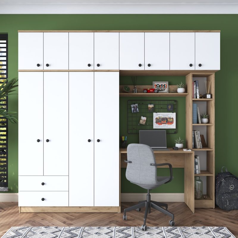 Rani BA122 Geniş Gardırop Açık Raflı Elbise Dolabı + Çalışma Masası + Kitaplık Sepet Ceviz – Beyaz 216 x 240 cm