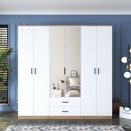 Rani BA130 Geniş Gardırop Elbise Dolabı Aynalı Kapaklı 2 Çekmeceli 6 Raflı 3 Askılı Sepet Ceviz – Beyaz