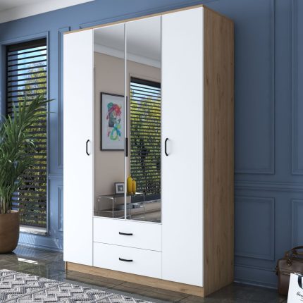 Rani BA131 Geniş Gardırop Elbise Dolabı Aynalı Kapaklı 2 Çekmeceli 13 Raflı 1 Askılı Sepet Ceviz – Beyaz