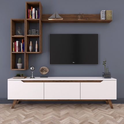 Rani D1 Duvar Raflı Tv Ünitesi Kitaplıklı Tv Sehpası Duvara Monte Raflı Modern Ayaklı 180 cm Beyaz – Minyatür Ceviz M16