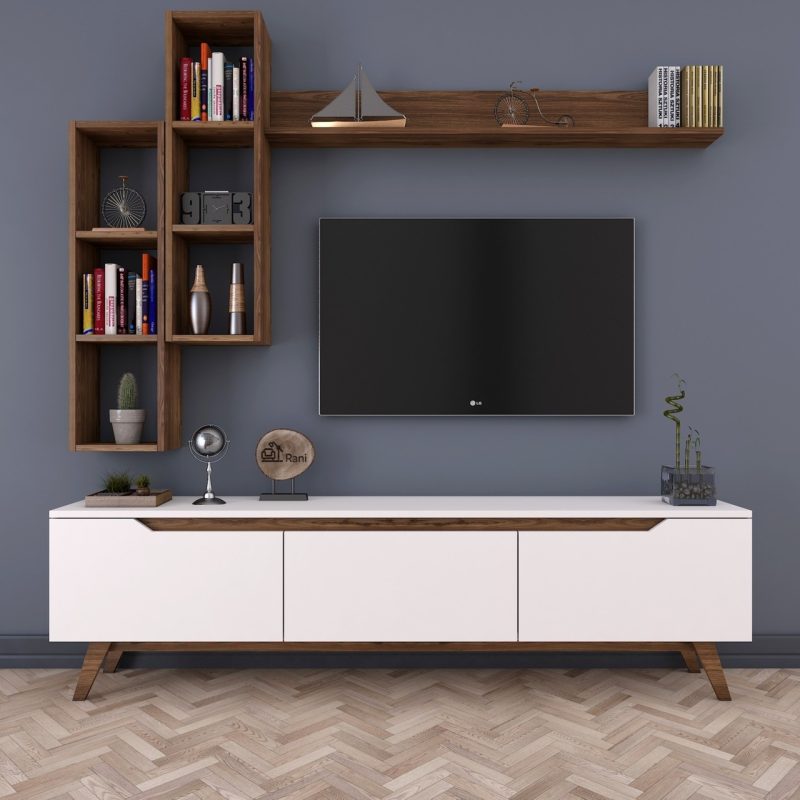 Rani D1 Duvar Raflı Tv Ünitesi Kitaplıklı Tv Sehpası Duvara Monte Raflı Modern Ayaklı 180 cm Beyaz – Minyatür Ceviz M16