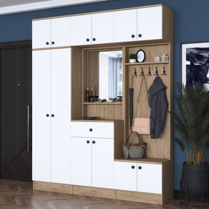 Rani EA104 Portmanto Çekmeceli Aynalı Vestiyer Sepet Ceviz – Beyaz