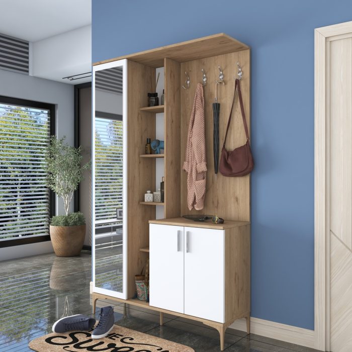 Rani EA109 Portmanto Aynalı Raflı Ayakkabılık Vestiyer Sepet Ceviz – Beyaz