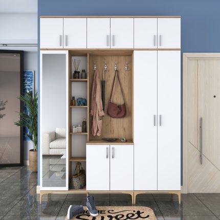 Rani EA121 Portmanto Aynalı Raflı Ayakkabılık Vestiyer Sepet Ceviz – Beyaz