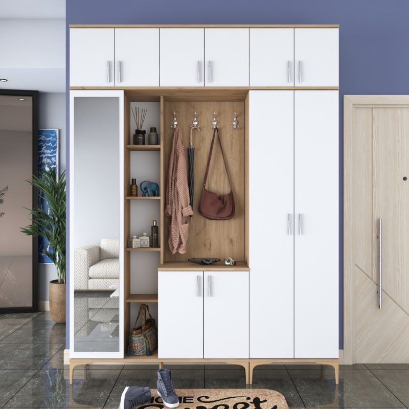 Rani EA128 Portmanto Aynalı Raflı Ayakkabılık Vestiyer Sepet Ceviz – Beyaz