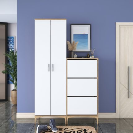 Rani EA137 Portmanto Askılı Vestiyer Düşer Kapaklı Ayakkabılık Sepet Ceviz – Beyaz