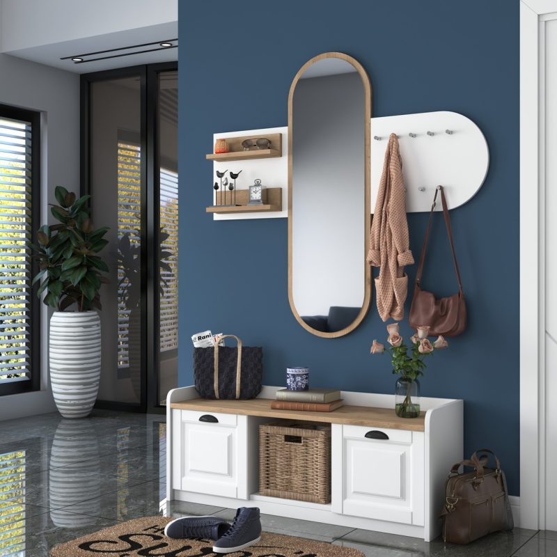 Rani EE101 Aynalı Vestiyer Modern Portmanto Duvar Askısı Ayakkabılık Renk: Beyaz – Sepet Ceviz