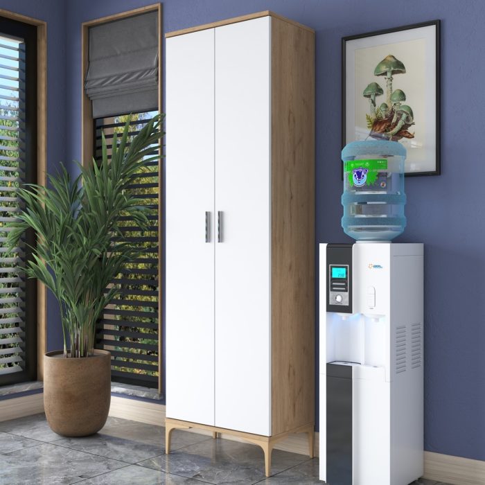 Rani JE102 Çok Amaçlı Dolap 2 Kapaklı 7 Raflı Banyo Kiler Mutfak Dolabı Sepet Ceviz – Beyaz