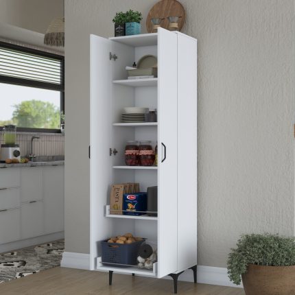 Rani JE110 Çok Amaçlı Dolap 2 Kapaklı 5 Raflı Banyo Kiler Mutfak Dolabı Beyaz