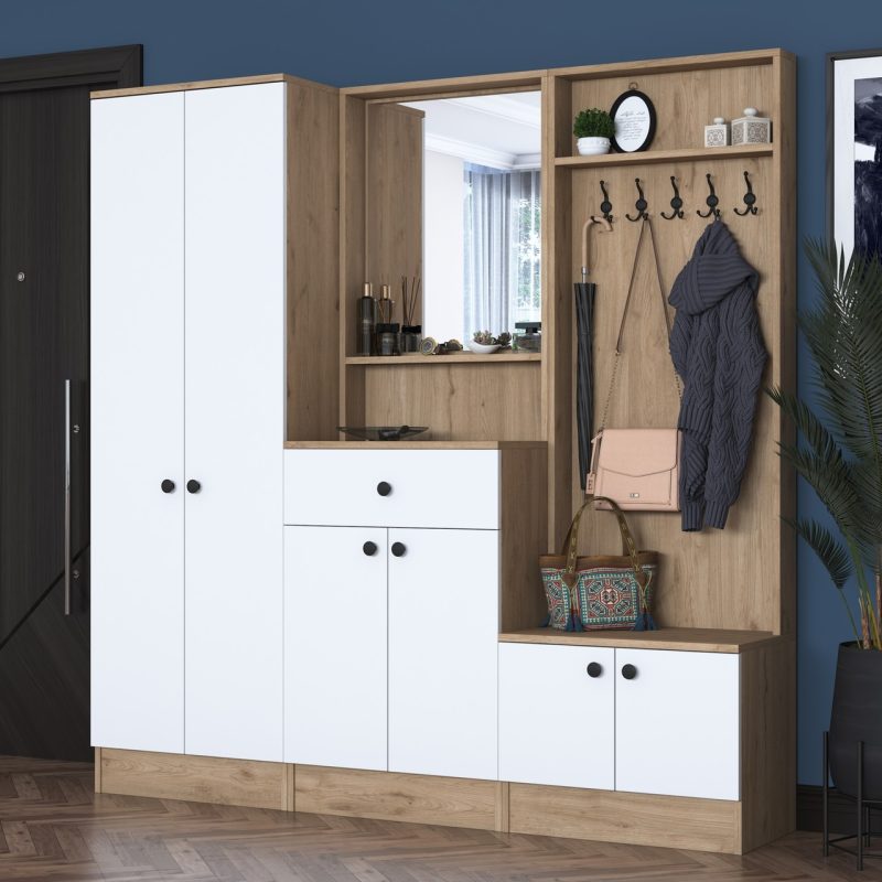 Rani P6 Modern Çekmeceli Aynalı Portmanto Ayakkabılık Vestiyer Sepet Ceviz – Beyaz M3