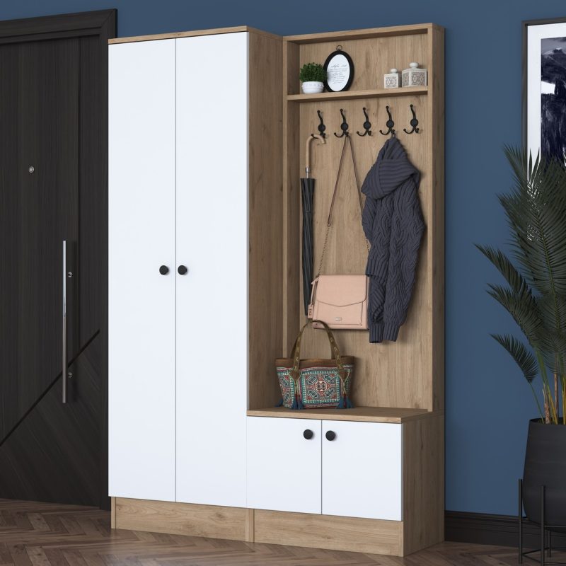 Rani P6 Modern Portmanto Ayakkabılık Vestiyer Sepet Ceviz – Beyaz M5