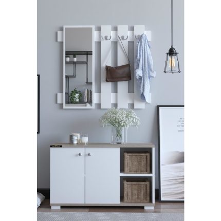 Remaks Plus Aynalı Vestiyer Ayakkabılık Portmanto ve Duvar Askısı  Cordoba Beyaz
