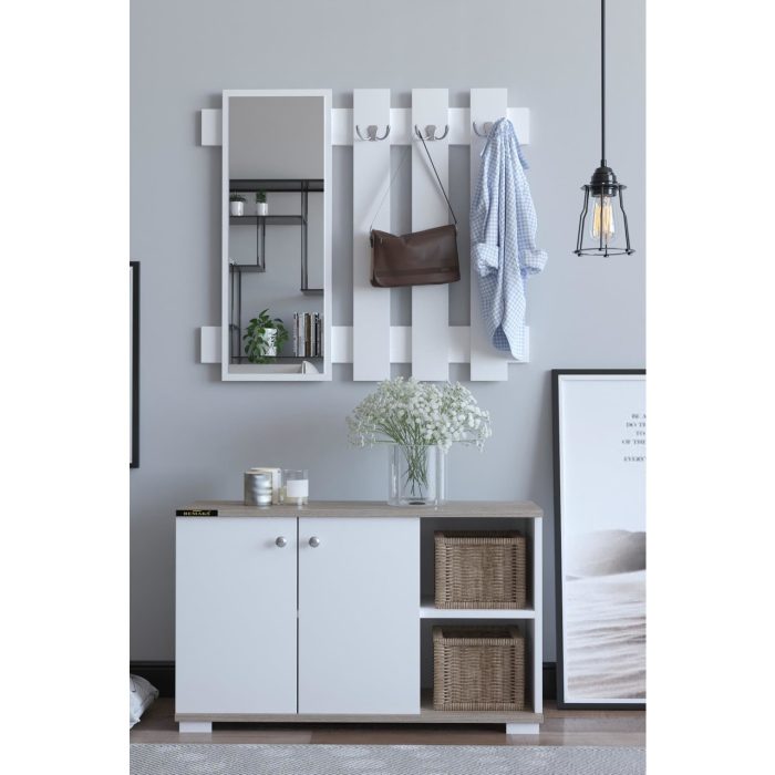 Remaks Plus Aynalı Vestiyer Ayakkabılık Portmanto ve Duvar Askısı  Cordoba Beyaz