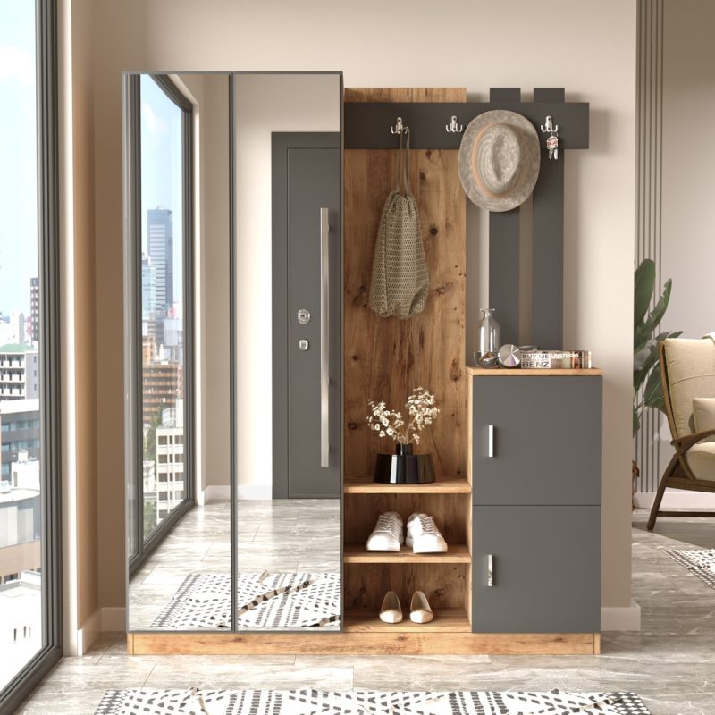 Robin Home Sofia Aynalı Vestiyer Portmanto Ayakkabılık Antrasit