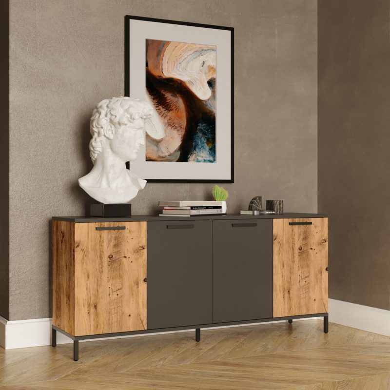 Robin Home Troya Yemek Odası Konsol 4 Kapaklı Metal Ayaklı Çam