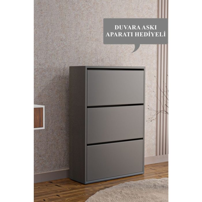 Tekno Trust Modern AE-1078 Vizyon Ayakkabılık Duvara Monte Edilebilir, Antrasit Düşer Kapak, 3 Kapaklı, 6 Raflı