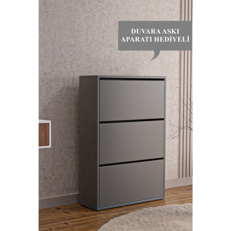 Tekno Trust Modern AE-1078 Vizyon Ayakkabılık Duvara Monte Edilebilir, Antrasit Düşer Kapak, 3 Kapaklı, 6 Raflı
