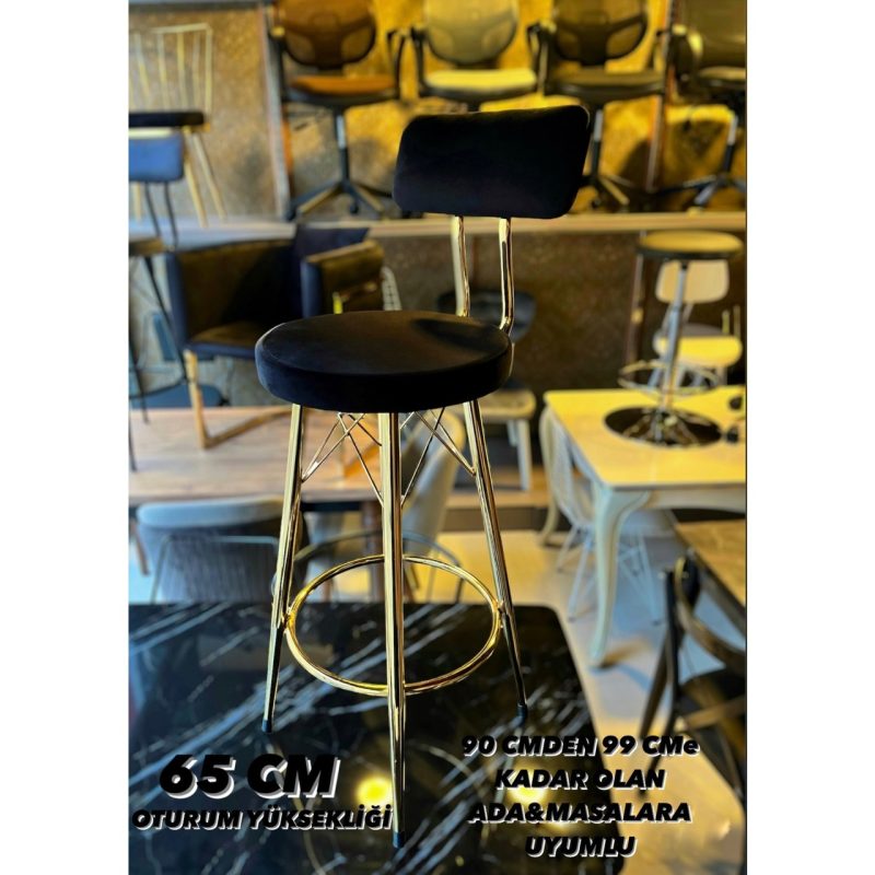 TheSandalyeShop Yeni Tasarım Mila Bar Sandalyesi Gold 65 cm Siyah.90 Cmden 99 Cme Kadar Olan Ada&masalara Uyumlu.