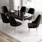 Tia Serisi,  Mermer Desen 80X132 Açılabilir Mdf Yemek Odası Takımı 6 Sandalye Gümüş Detay