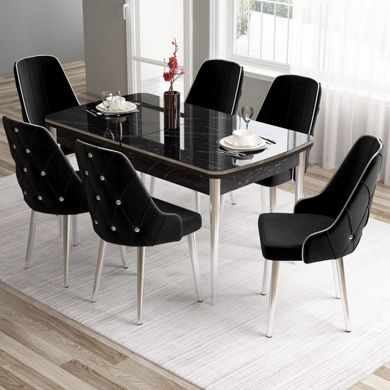 Tia Serisi,  Mermer Desen 80X132 Açılabilir Mdf Yemek Odası Takımı 6 Sandalye Gümüş Detay