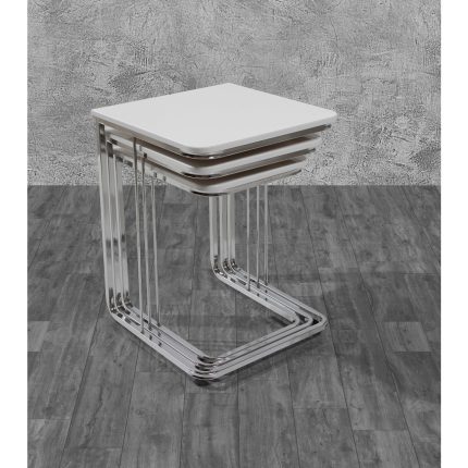 Veys Sehpa 3’lü Vegas Zigon Sehpa Beyaz – Nikel Ayak – Tekerlekli