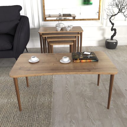 Zuesse Dizayn Aleyna Orta Sehpa ve Zigon Sehpa Ahşap Ayaklı Çay Kahve Sehpası Xl 5’li Salon Seti – Ceviz